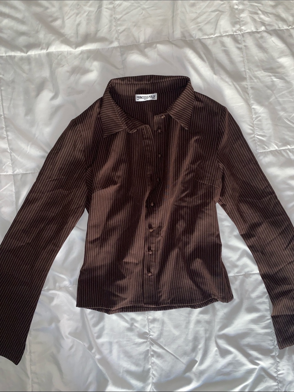 Princess Polly Chocolate Brown Pinstripe Button-Down Shirt